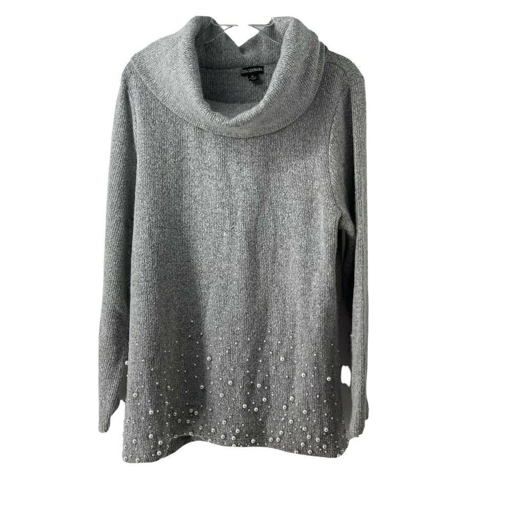 Cowl Neck Sweater Womens Size XL Gray Embellished Pearl Nina Leonard Brand Cute